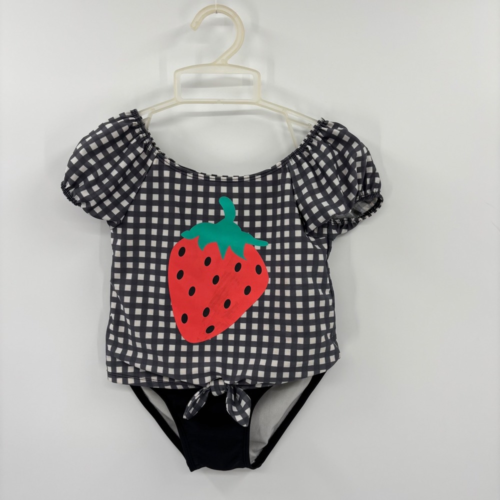 Cat & Jack Swimsuit Toddler 5T Black Gingham Strawberry One Piece Puff Sleeve